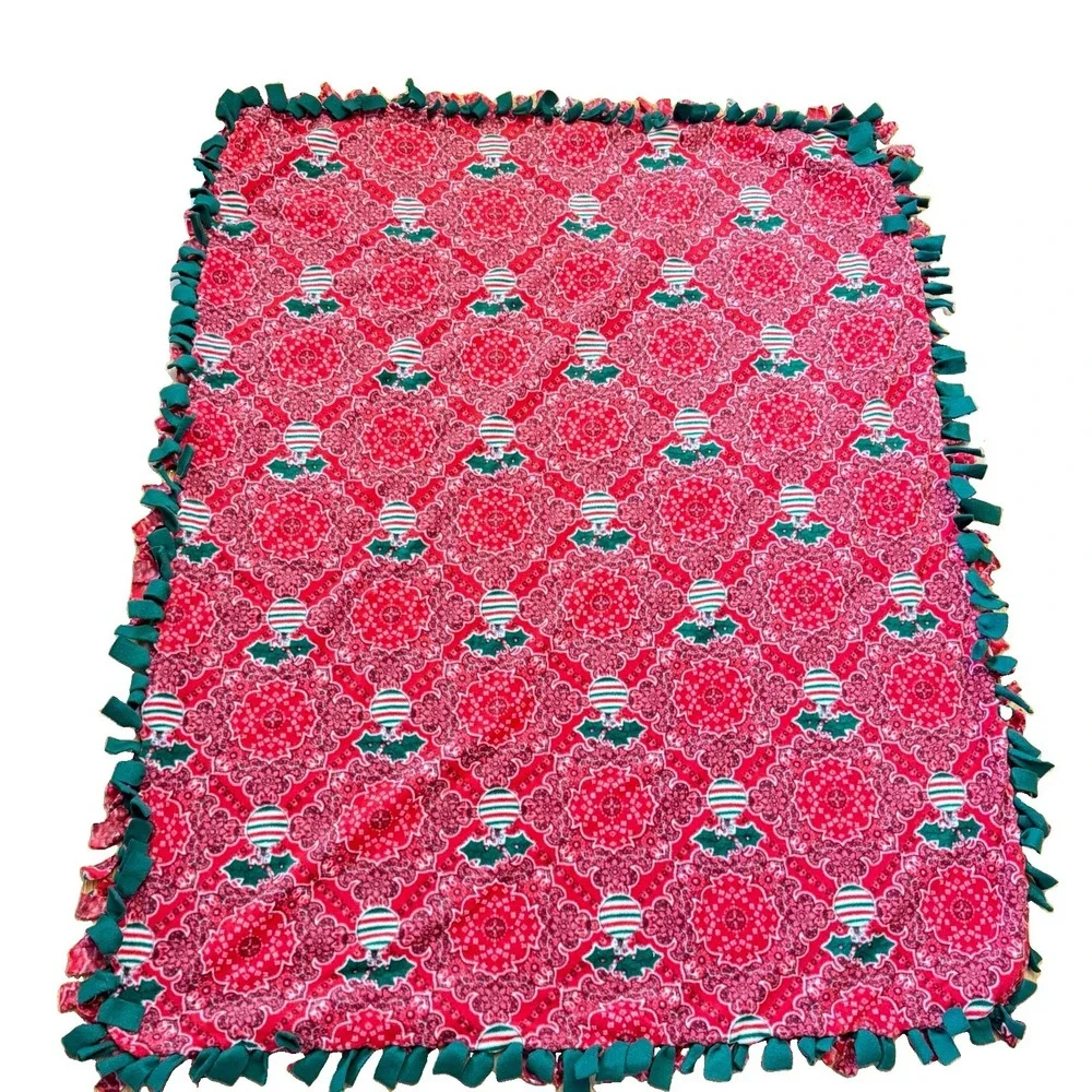 Handmade Christmas Throw Blanket Fleece Tie Red Green Bandana Ornament 63x49